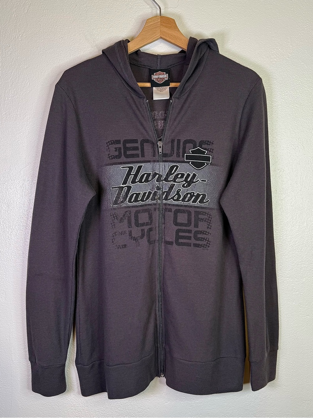 Harley-Davidson Womens Dark Gray Waffle Knit Zip Up Hoodie Size XL Biker Y2K